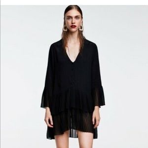 Zara Black Pleated Long-sleeve Dress